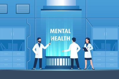 research lab blue illustration scientists studying mental health
